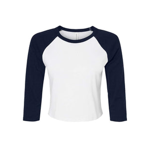 1200 BELLA + CANVAS Women's Micro Rib 3/4 Raglan Sleeve Baby Tee White/ Navy