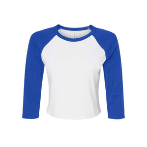 1200 BELLA + CANVAS Women's Micro Rib 3/4 Raglan Sleeve Baby Tee White/ True Royal