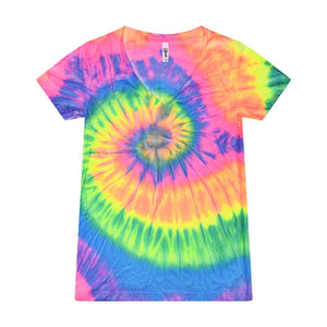 1075 Colortone Women's Tie-Dyed V-Neck T-Shirt Neon Rainbow