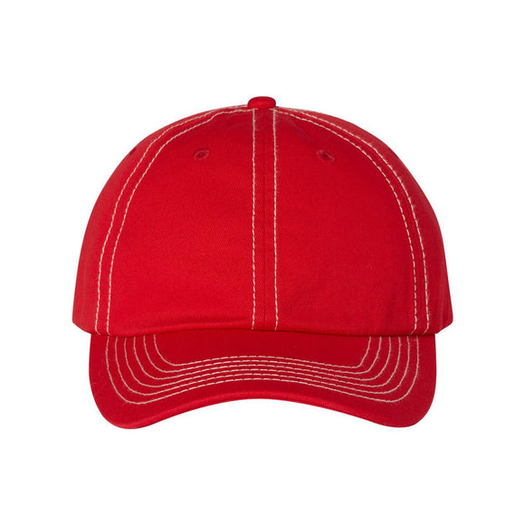 VC300A Valucap Adult Bio-Washed Classic Dad Hat Red/ Stone Stitch