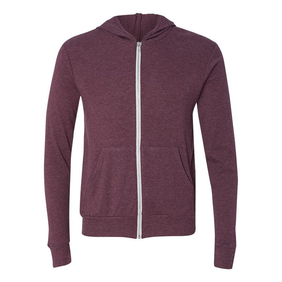 3939 BELLA + CANVAS Triblend Lightweight Full-Zip Hooded Long Sleeve Tee Maroon Triblend