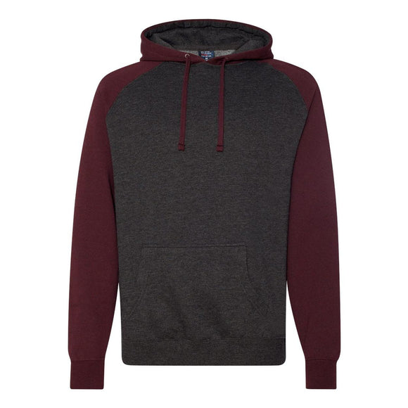 IND40RP Independent Trading Co. Raglan Hooded Sweatshirt Charcoal Heather/ Burgundy Heather