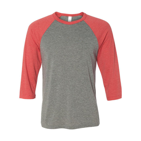 3200 BELLA + CANVAS Three-Quarter Sleeve Baseball Tee Grey/ Red Triblend