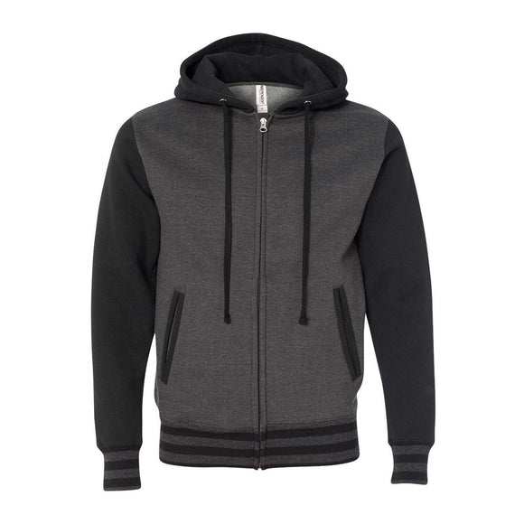 IND45UVZ Independent Trading Co. Heavyweight Varsity Full-Zip Hooded Sweatshirt Charcoal Heather/ Black