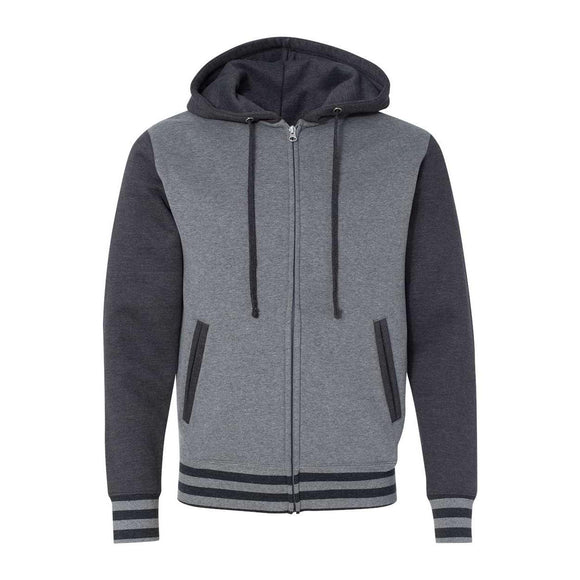 IND45UVZ Independent Trading Co. Heavyweight Varsity Full-Zip Hooded Sweatshirt Gunmetal Heather/ Charcoal Heather