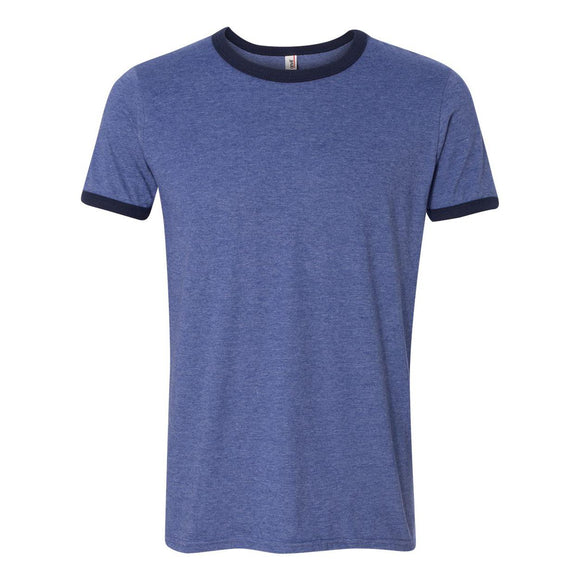 988 Anvil Lightweight Ringer T-Shirt Heather Blue/ Navy