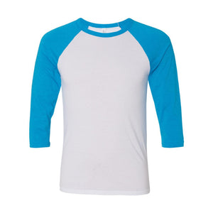 3200 BELLA + CANVAS Three-Quarter Sleeve Baseball Tee White/ Neon Blue