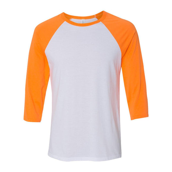 3200 BELLA + CANVAS Three-Quarter Sleeve Baseball Tee White/ Neon Orange