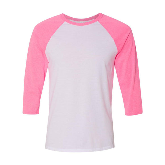 3200 BELLA + CANVAS Three-Quarter Sleeve Baseball Tee White/ Neon Pink