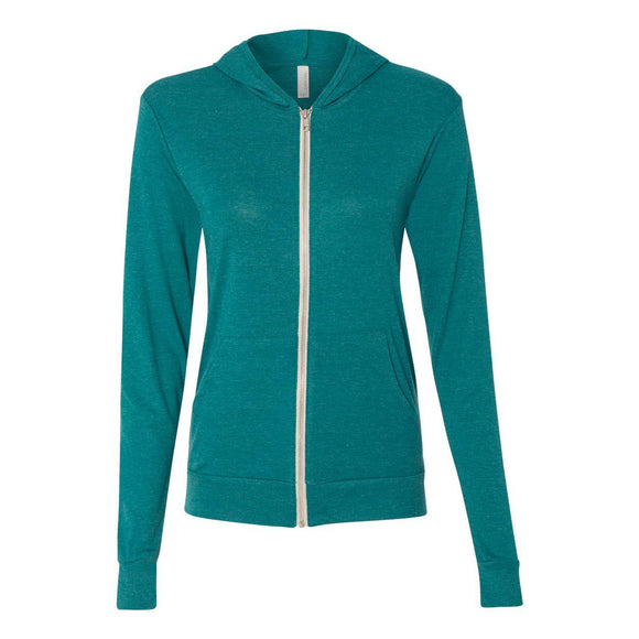 3939 BELLA + CANVAS Triblend Lightweight Full-Zip Hooded Long Sleeve Tee Teal Triblend