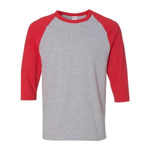 5700 Gildan Heavy Cotton™ Raglan Three-Quarter Sleeve T-Shirt Sport Grey/ Red