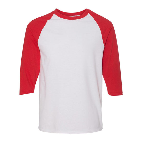 5700 Gildan Heavy Cotton™ Raglan Three-Quarter Sleeve T-Shirt White/ Red