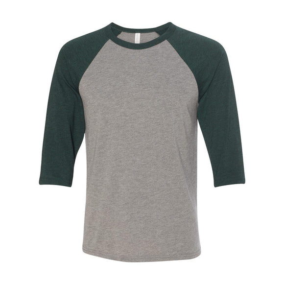 3200 BELLA + CANVAS Three-Quarter Sleeve Baseball Tee Grey/ Emerald Triblend