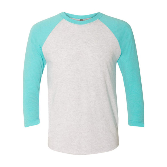 6051 Next Level Unisex Triblend Three-Quarter Raglan T-Shirt Tahiti Blue Sleeves/ Heather White Body