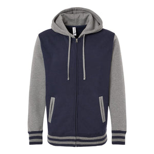 IND45UVZ Independent Trading Co. Heavyweight Varsity Full-Zip Hooded Sweatshirt Classic Navy/ Gunmetal Heather