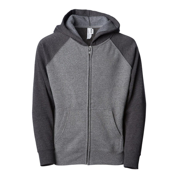 PRM15YSBZ Independent Trading Co. Youth Lightweight Special Blend Raglan Zip Hood Nickel/ Carbon