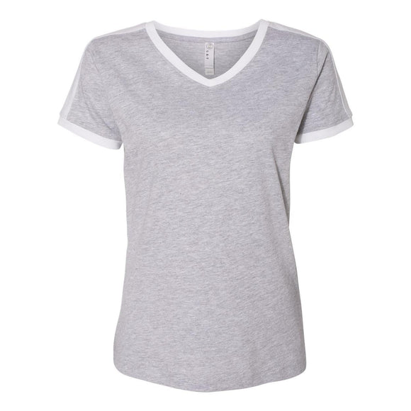 3532 LAT Women's Retro Ringer Fine Jersey V-Neck Tee Heather/ White