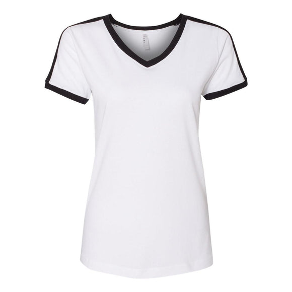 3532 LAT Women's Retro Ringer Fine Jersey V-Neck Tee White Solid/ Black