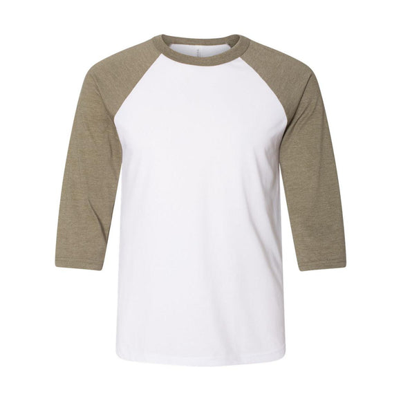 3200 BELLA + CANVAS Three-Quarter Sleeve Baseball Tee White/ Heather Olive