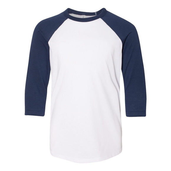 3200Y BELLA + CANVAS Youth Three-Quarter Sleeve Baseball Tee White/ Navy