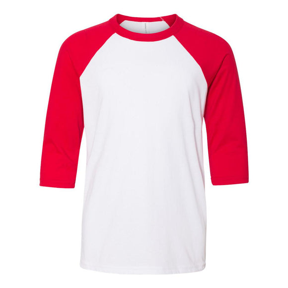 3200Y BELLA + CANVAS Youth Three-Quarter Sleeve Baseball Tee White/ Red