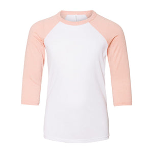 3200Y BELLA + CANVAS Youth Three-Quarter Sleeve Baseball Tee White/ Heather Peach