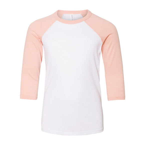 3200Y BELLA + CANVAS Youth Three-Quarter Sleeve Baseball Tee White/ Heather Peach