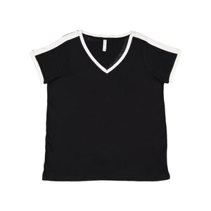 3832 LAT Women's Curvy Retro Ringer Premium Jersey V-Neck Tee Black/ White