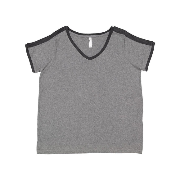 3832 LAT Women's Curvy Retro Ringer Premium Jersey V-Neck Tee Granite Heather/ Vintage Smoke