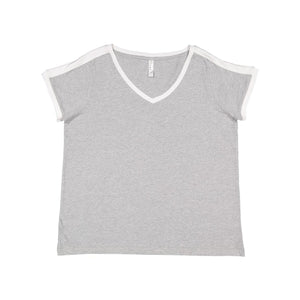 3832 LAT Women's Curvy Retro Ringer Premium Jersey V-Neck Tee Heather/ White