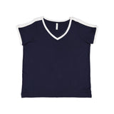 3832 LAT Women's Curvy Retro Ringer Premium Jersey V-Neck Tee Navy/ White