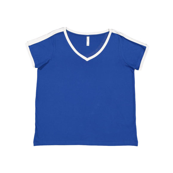 3832 LAT Women's Curvy Retro Ringer Premium Jersey V-Neck Tee Royal/ White