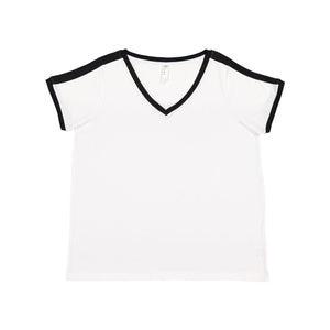 3832 LAT Women's Curvy Retro Ringer Premium Jersey V-Neck Tee White/ Black