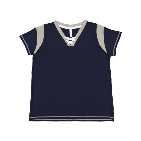 3833 LAT Women's Curvy Lace Up Fine Jersey Tee Navy/ Titanium/ White