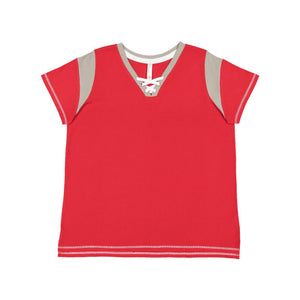 3833 LAT Women's Curvy Lace Up Fine Jersey Tee Red/ Titanium/ White