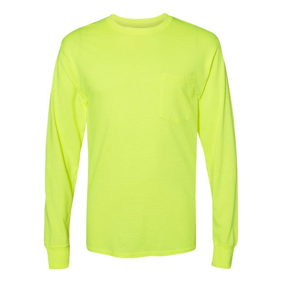 W120 Hanes Workwear Long Sleeve Pocket T-Shirt Safety Green