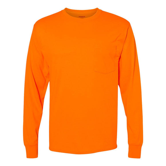 W120 Hanes Workwear Long Sleeve Pocket T-Shirt Safety Orange