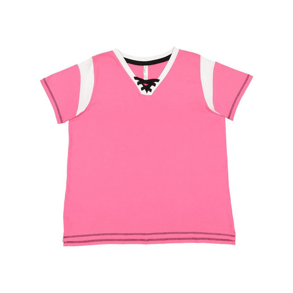 3833 LAT Women's Curvy Lace Up Fine Jersey Tee Hot Pink/ White/ Black