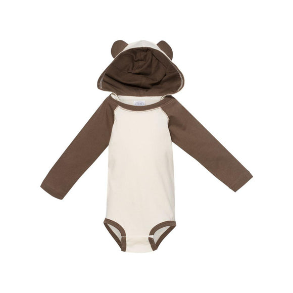 4418 Rabbit Skins Fine Jersey Infant Character Hooded Long Sleeve Bodysuit with Ears Natural/ Brown