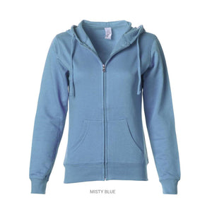 SS650Z Independent Trading Co. Juniors’ Heavenly Fleece Full-Zip Hooded Sweatshirt Misty Blue