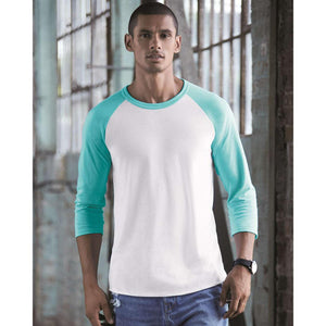 560RR JERZEES Premium Blend Ringspun Three-Quarter Sleeve Raglan Baseball T-Shirt White/ Scuba Blue