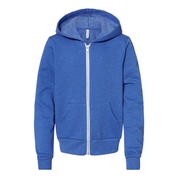 3739Y BELLA + CANVAS Youth Sponge Fleece Full-Zip Hoodie Heather True Royal