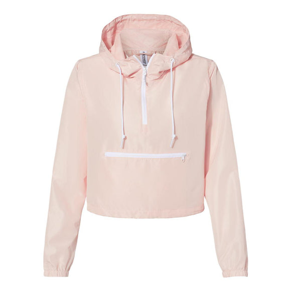 EXP64CRP Independent Trading Co. Women's Lightweight Quarter-Zip Pullover Crop Windbreaker Blush/ White Zipper