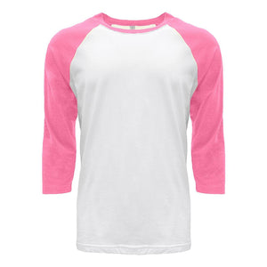 6251 Next Level Unisex CVC Three-Quarter Sleeve Raglan T-Shirt Hot Pink Sleeves/ White Body