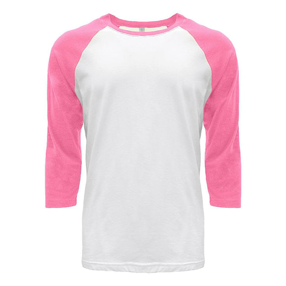 6251 Next Level Unisex CVC Three-Quarter Sleeve Raglan T-Shirt Hot Pink Sleeves/ White Body