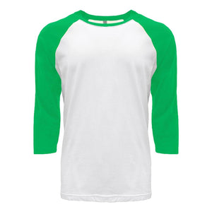 6251 Next Level Unisex CVC Three-Quarter Sleeve Raglan T-Shirt Kelly Green Sleeves/ White Body