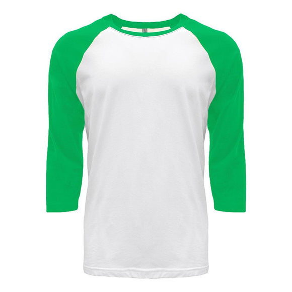 6251 Next Level Unisex CVC Three-Quarter Sleeve Raglan T-Shirt Kelly Green Sleeves/ White Body