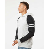 97CR JERZEES Nublend® Varsity Colorblocked Raglan Hooded Sweatshirt Oatmeal Heather/ Black Ink