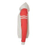 97CR JERZEES Nublend® Varsity Colorblocked Raglan Hooded Sweatshirt Oatmeal Heather/ Fiery Red Heather