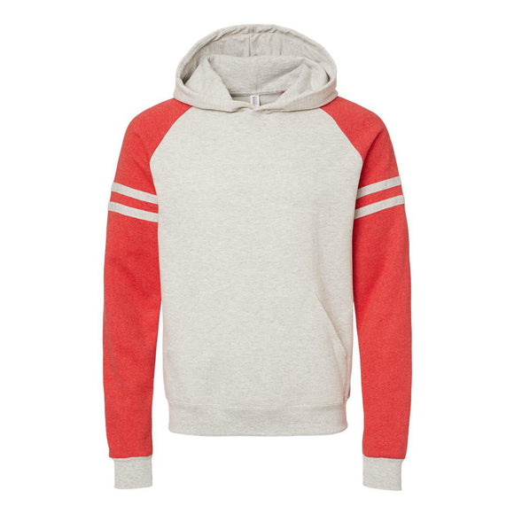 97CR JERZEES Nublend® Varsity Colorblocked Raglan Hooded Sweatshirt Oatmeal Heather/ Fiery Red Heather